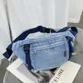 Light blue washed denim crossbody chest bag with multiple zippers and nylon strap - Light Blue