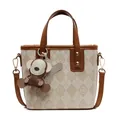 Chic beige bucket bag with diamond lattice pattern and cute monkey charm for women - With Pendant / White and Brown