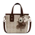 Cream bucket bag with plaid pattern, brown trim and cute monkey charm accessory - With Pendant / White & Coffee