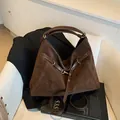 Minimalist large dark brown suede tote bag with decorative belt and golden buckle - Coffee