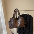 Vintage brown tote bag in distressed PU leather with double handles and long shoulder strap - 39/25/15cm / Coffee