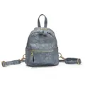 Kleiner grau-blauer Rucksack mit Kleeblattmuster, Goldzipper und Trageriemen - Himmelblau