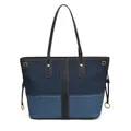 Borsa tote in denim bicolore con manici in pelle nera e finiture metalliche oro - Azzurro