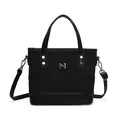Bolso tote minimalista de lona negra con logo blanco y remaches plateados elegantes - Negro