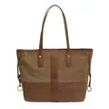Borsa tote retrò in denim bicolore con manici in pelle marrone e grande capacità - Marrone