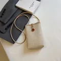 Mini straw woven crossbody phone bag in beige with brown faux leather trim and strap - Khaki With Brown Buckle