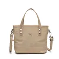 Elegante bolso tote de lona beige con logo M de metal y correa ajustable - Caqui