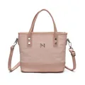 Pink minimalist canvas tote bag with leather handles and metallic logo detailing - Pink