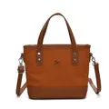 Caramel brown canvas tote bag with leather trim and adjustable crossbody shoulder strap - Brown