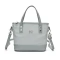 Minimalist light blue-grey tote bag in canvas and leather with silver metal logo and straps - Blue