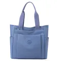 Spacious misty blue nylon tote bag for women with multi-pockets and top handles - Light Blue