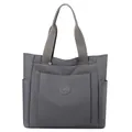 Dark grey large nylon tote bag with multi-pocket design and round logo detail - Gray