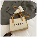 Brown and beige tote bag with PARIS print featuring top handles and shoulder strap - Small Beige & Khaki