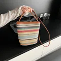 Colorful striped straw tote bag with brown leather trim and dual handles for women - Brown No Pendant
