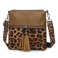 Fashionable brown leopard print crossbody bag with tassel and wide strap detail - Yellow Brown