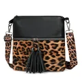 Chic crossbody phone bag featuring black faux leather and leopard print with tassels - Black