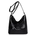 Schwarze Retro-Umhängetasche aus Leder mit mehreren Taschen und verstellbarem Gurt - Schwarz