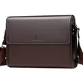 Men's dark brown leather business messenger bag with front flap and kangaroo embossed logo - Horizontal Brown