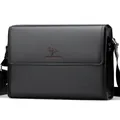 Men's black faux leather messenger bag featuring a smooth and pebble grain textured finish - Horizontal Black