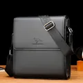 Classic black leather men's messenger bag with adjustable strap and textured finish - Vertical Black