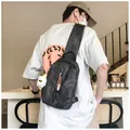 Fashionable dark grey men's crossbody chest bag with leather zipper pull and plush pendant - With Charm / Black