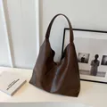Dark brown minimalist large hobo tote bag in oily waxed leather with V-fold design - Coffee