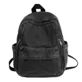 Retro washed denim backpack in dark grey with multiple zipper pockets for students - Black