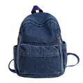 Retro dark blue denim canvas backpack with front zipper pocket and side pouches - Dark Blue