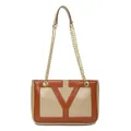 Brown and beige chain shoulder bag with minimalist V-shaped color block design - Khaki