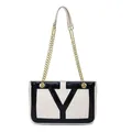Retro black and white shoulder bag with Y-shaped patchwork and gold chain strap - White