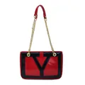 Red and black contrast leather shoulder bag with gold chain strap and V-shaped detail - Red