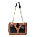 Brown and black bicolor underarm bag with Y-shaped design and gold chain strap - Black