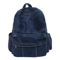 Japanese style deep blue denim backpack with white stitching and multi-pocket design - Dark Blue