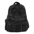 Black washed denim backpack with white contrast stitching and minimalist design - Black