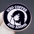 Round metal enamel pin featuring iced coffee and anime girl silhouette with gold trim - Iced Coffee And Anime