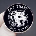 Funny Opossum enamel pin with Eat Trash Hail Satan text in dark humor metal badge style - Hail Satan Opossum Style