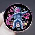 Cartoon astronaut dab dance badge with rocket and planets on a black metal pin - Astronaut Space Dance