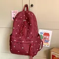 Burgundy quilted backpack with white bow embroidery and woven tassel charm in Korean style - No Charms / Burgundy