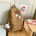 Caramel quilted puffer backpack with white bow embroidery and plush star charm - With Star Charms / Khaki