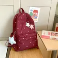 Burgundy quilted backpack with bow embroidery and plush star charms for students - With Star Charms / Burgundy