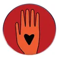 Ceasefire Palestine round badge featuring orange hand and black heart on red background - Ceasefire Hand Gesture Pattern