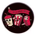 Let's Watch Horror Movies lapel pin with slasher-themed snack characters on black background - American Horror Illustration Style