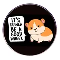 Round metal badge featuring cartoon guinea pig and 'IT'S GUINEA BE A GOOD WHEEK' pun text - Guinea Pig 'Be a Good Person' Style