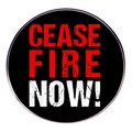 Round Ceasefire Now badge featuring red and white bold lettering on a black base - Ceasefire Letter Design