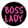 Spilla rotonda nera Boss Lady con scritta rosa e bordo in metallo lucido - Stile Boss Lady / Nero con fiori rosa