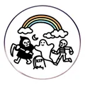 Cartoon Halloween grim reaper and ghost enamel pin featuring a RIP tombstone and rainbow - Grim Reaper Ghost Skull