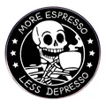 Spilla smaltata scheletro caffè, design divertente More Espresso Less Depresso - Stile Teschio Che Beve Caffè (Espresso Riduce lo Stress)