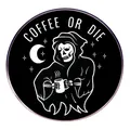 Coffee or Die enamel pin with grim reaper holding coffee cup on white background - Grim Reaper Coffee
