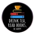 Spilla circolare in metallo con scritta Drink Tea Read Books Be Happy e libri colorati - Bere Tè Leggere Libri(DRINK TEA, READ BOOKS, BE HAPPY)
