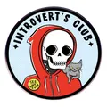 Introvert's Club skull in red hoodie with black cat enamel pin badge design - Introvert's Club Style